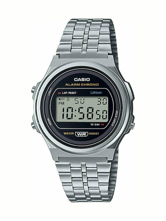Casio Vintage Round Ψηφιακό Ανδρικό Ρολόι 36.6mm Μπαταρίας με Ασημί Μεταλλικό Μπρασελέ