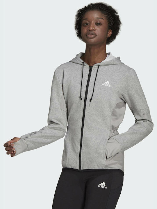 Adidas Designed 2 Move Γυναικεία Φούτερ Ζακέτα με Κουκούλα Medium Grey Heather