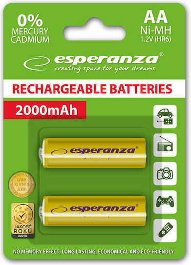 Esperanza Επαναφορτιζόμενες Μπαταρίες AA Ni-MH 2000mAh 1.2V 2τμχ Yellow