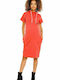 PeeKaBoo Hooded Summer Cotton Short Sleeve Maternity Midi Dress 1581 Red