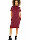 PeeKaBoo Hooded Summer Cotton Short Sleeve Maternity Midi Dress 1581 Burgundy