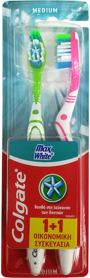 Colgate 360 Max White Οδοντόβουρτσα Medium Πράσινη / Ροζ 2τμχ