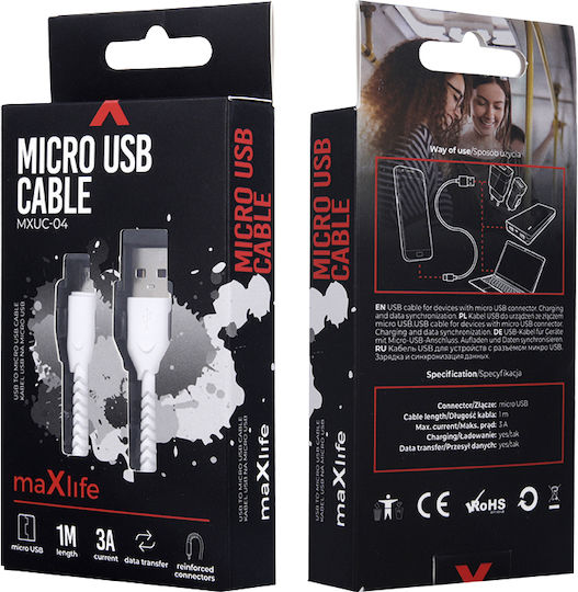 Maxlife MXU-04 Braided USB 2.0 spre micro USB Cablu Alb 1m 1buc