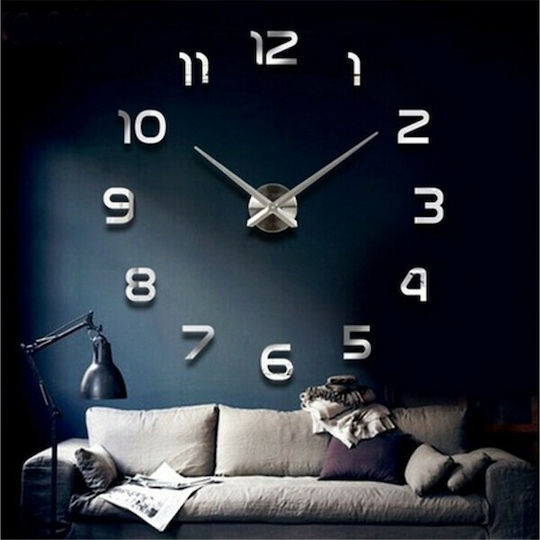 Do It Yourself 3D Wall Clock Sticker Plastic Silver Ø70cm