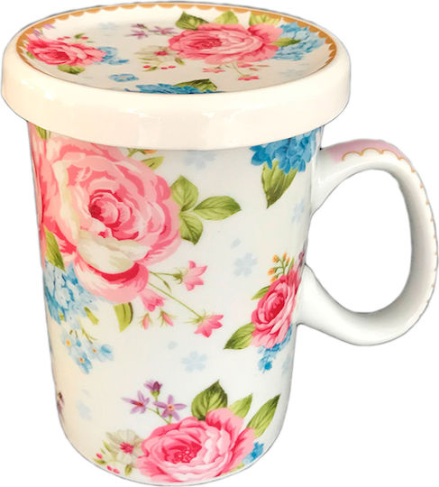 Καρβούνης Floral Flowers Κούπα από Πορσελάνη με Καπάκι Πολύχρωμη