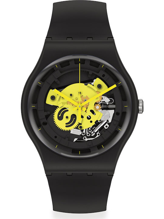Swatch Time To Yellow Big Ανδρικό Ρολόι 42mm Μπαταρίας με Μαύρο Καουτσούκ Λουράκι