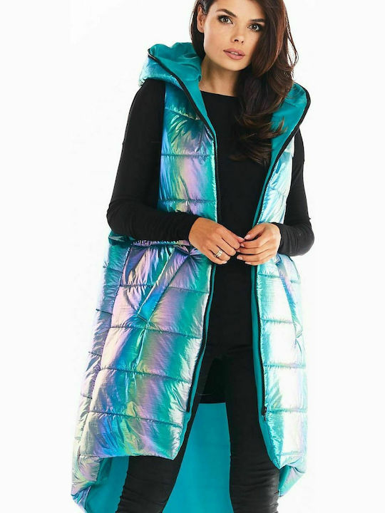 Awama Women's Long Puffer Jacket for Winter with Hood Blue