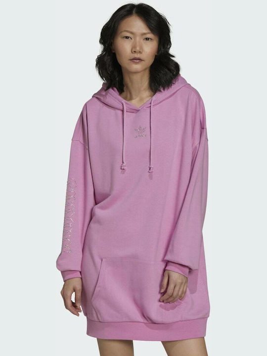 Adidas Athletic Long Sleeve Cotton Mini Dress Hooded Bliss Orchid , Oversized Fit 2000 Luxe Hoodie
