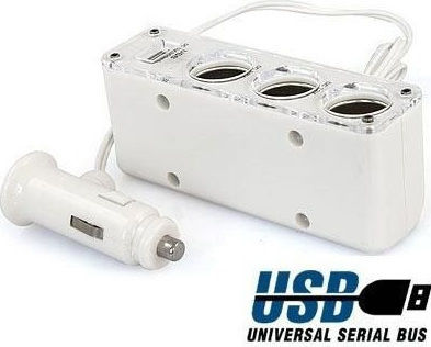 Clever Încărcător Auto 60W 5A cu Porturi: 1xUSB 3xBrichetă împreună cu Cablu Integrat Alb Culoare