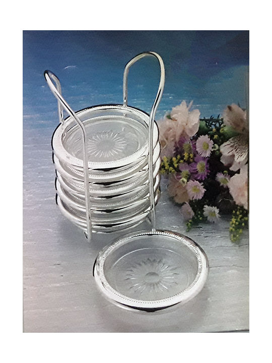 Καρβούνης Round Glass Transparent Coasters with Stand 6pcs