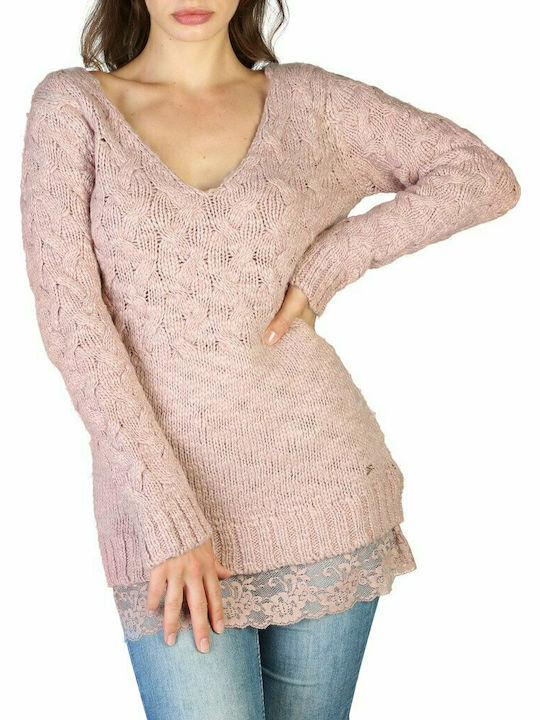 Yes Zee Women's Long Sleeve Pullover Wool with V Neck Pink