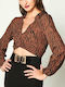 Women's Crop Top Long Sleeve with V Neckline Animal Print Brown