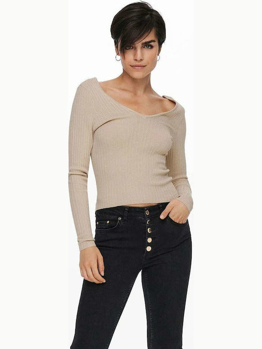 Only Damen Bluse Langärmelig mit V-Ausschnitt Pumice Stone