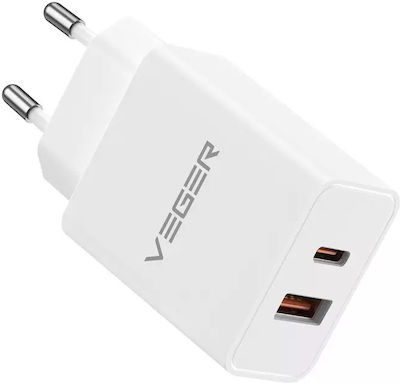 Veger Încărcător Fără Cablu cu Port USB-A și Port USB-C 20W Livrarea energiei / Încărcare rapidă 3.0 Albς (VLS202U)