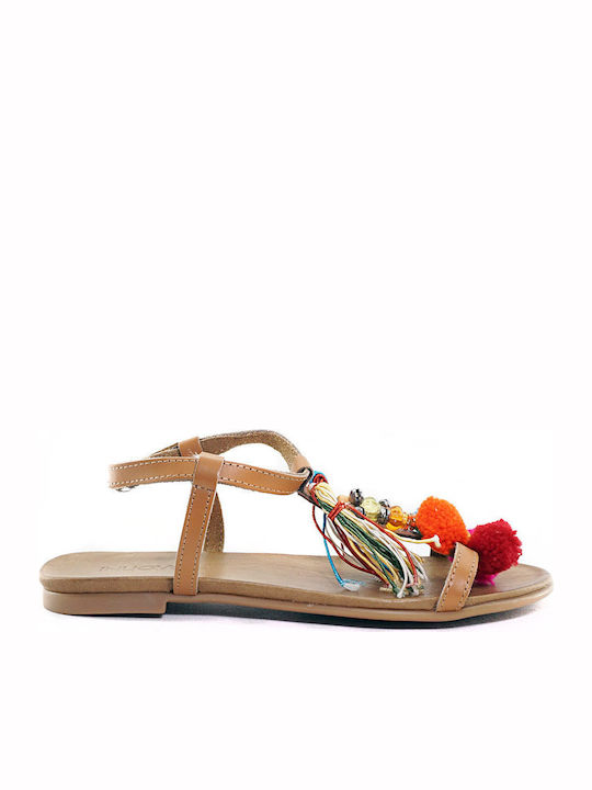 Leather Women's Flat Sandals with Strap in Tabac Brown Color
