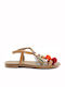 Leather Women's Flat Sandals with Strap in Tabac Brown Color