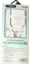 Treqa Charger with USB-A Port and Cable Lightning 65W Whites (CS-228)