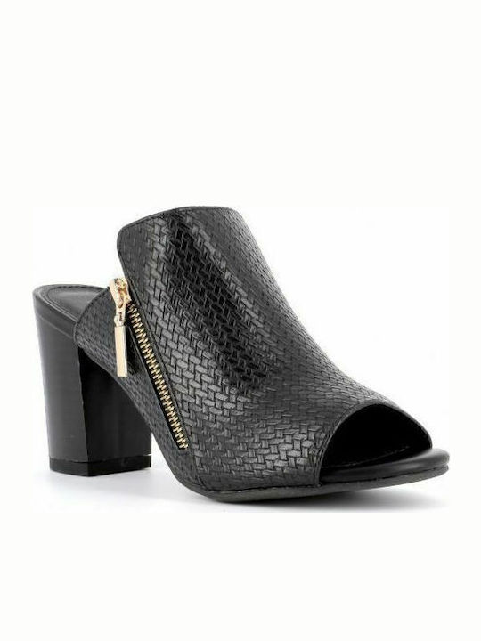 Leather Mules with Chunky High Heel in Black Color