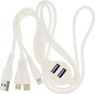 Andowl Regular USB to Lightning / Type-C / micro USB Cable Λευκό 1.10m