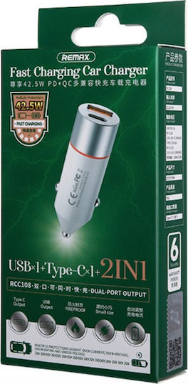 Remax Φορτιστής Αυτοκινήτου RC-C108 42W με Θύρες: 1xUSB 1xType-C Λευκός