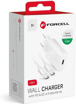 Forcell Φορτιστής με Θύρα USB-C και Καλώδιο USB-C - USB-C 25W Power Delivery Λευκός (5903396108099)