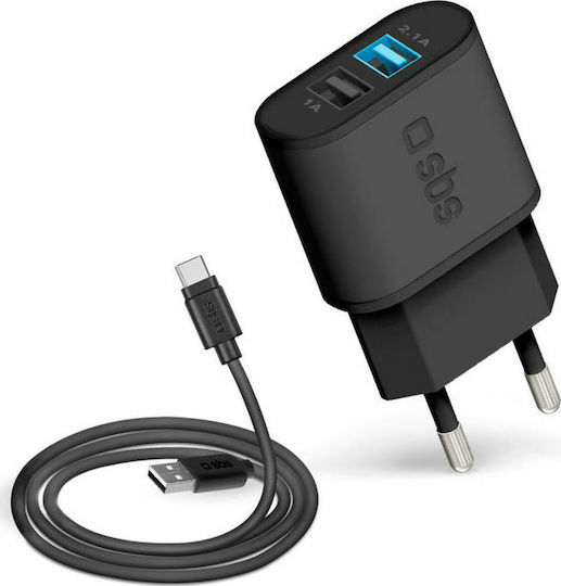 SBS Φορτιστής με 2 Θύρες USB-A και Καλώδιο USB-C Μαύρος (TEKITTRC2U2AFASTK)