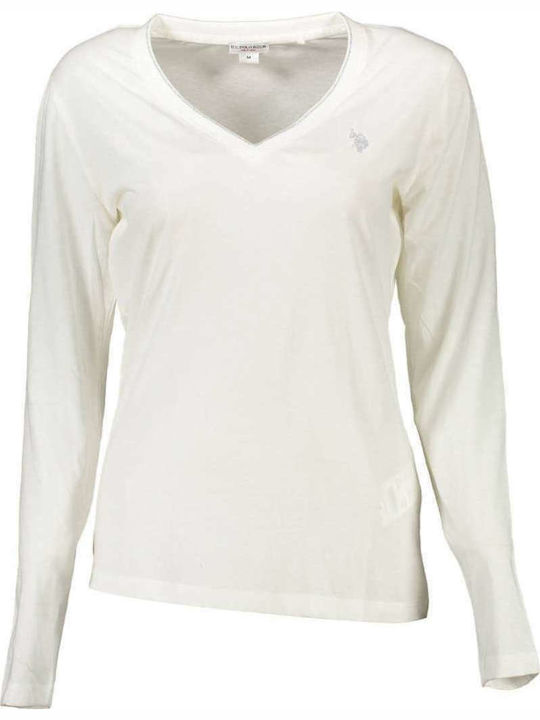 U.S. Polo Assn. Дамска Блуза Памучна Дълъг ръкав с V Обло Деколте Бял