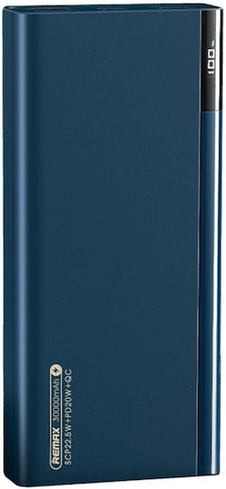 Remax RPP-257 Riji Power Bank 30000mAh 22.5W с 2 USB-A порта и USB-C порт Power Delivery / Бързо зареждане 3.0 / Бързо зареждане 4.0 Син