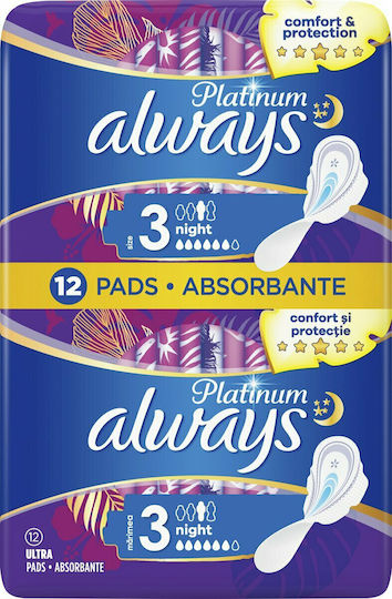 Always Platinum Ultra Night Sanitary Pads with Wings Comfort & Protection for Heavy Flow 6 Drops Size 3 12pcs