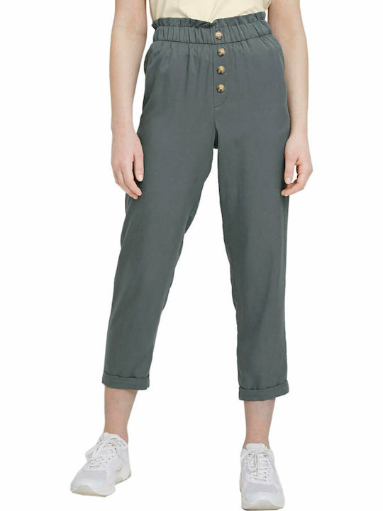Women's Fabric Capri Trousers with Elastic Relaxed Fit Dusty Pine Green