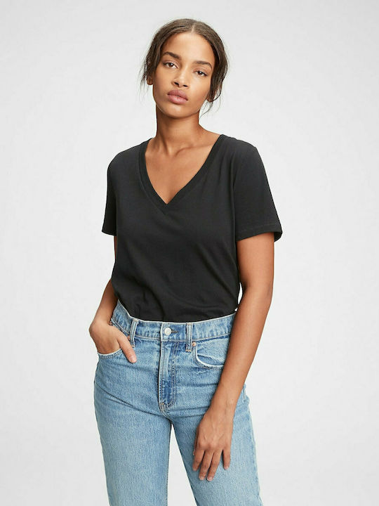 GAP Women's Summer Blouse Cotton Short Sleeve with V Neckline Black