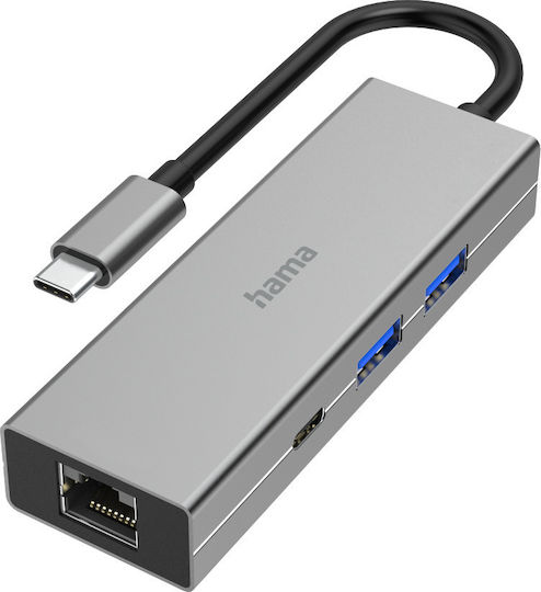 HAMA USB 3.2 4 Port Hub with USB-C Connection Ethernet Silver