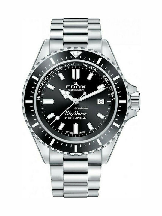 Edox Skydiver Neptunian Ανδρικό Ρολόι 44mm Αυτόματο με Ασημί Μεταλλικό Μπρασελέ