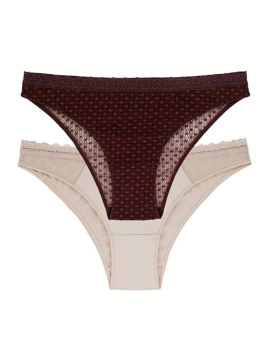 Dorina Reese Damen Slip 2Pack mit Spitze Bordeaux/Beige