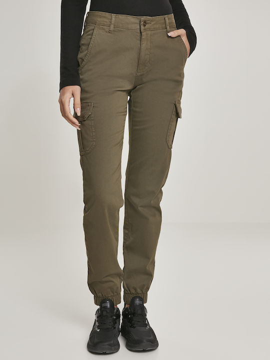 Women's High-waisted Fabric Cargo Trousers with Elastic Olive