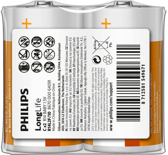 Philips Longlife Μπαταρίες Zinc C 1.5V 2τμχ