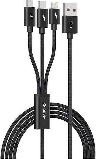 Devia Gracious Series 3 in 1 Regular USB to Lightning / Type-C / micro USB Cable 3A Μαύρο 1.2m 337086