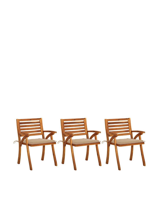 Καρέκλα Εξωτερικού Χώρου Ξύλινη με Μαξιλάρι Φυσικό - Μπεζ 3τμχ 59x59x87εκ.