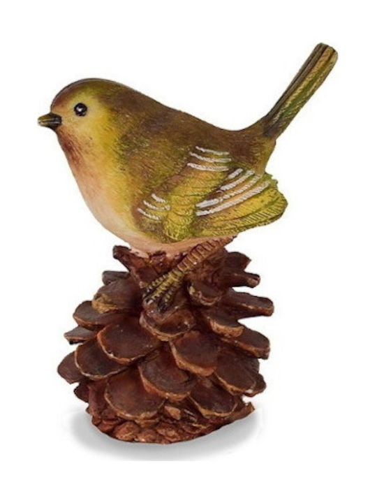 Bird on a pine cone made of resin hand painted in green color with dimensions 5.5cmx3.5cmx7.5cm