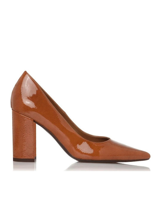 Sante Pointed Toe Heel of Patent Leather with Chunky High Heel Tabac Brown