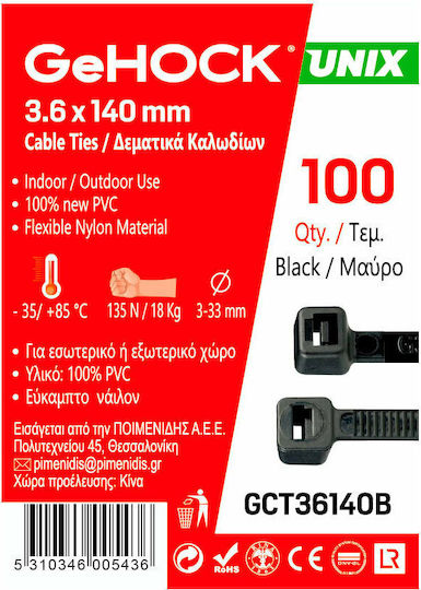 GeHock Plastic Cable Ties 140mm x 3.6mm In Black Colour 100 Pieces 136140