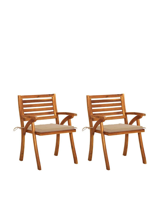 Καρέκλα Εξωτερικού Χώρου Ξύλινη με Μαξιλάρι Ακακία / Μπεζ Μαξιλάρι 2τμχ 59x59x87εκ.