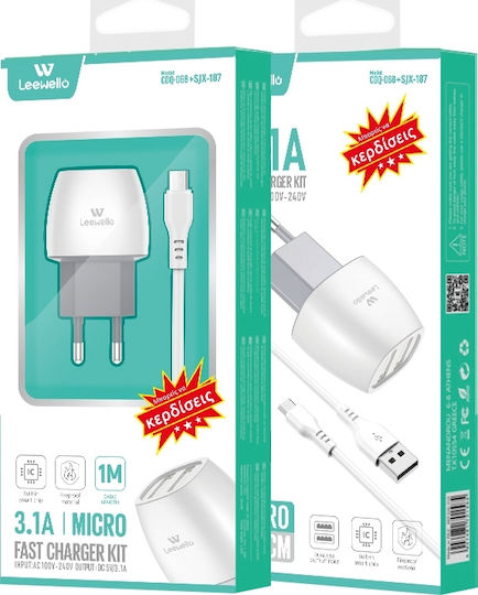 Leewello с 2 USB-A порта и кабел micro USB Бял (CDQ-068 + SJX-187)