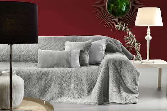 Guy Laroche Crusty Four-Seater Sofa Fur Throw 170x350cm Silver With Pillowcase