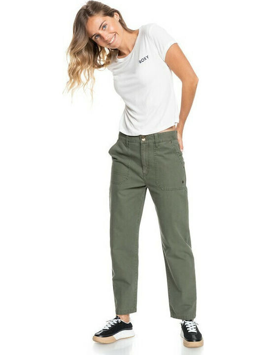 Broken Sun Women's High Rise Fabric Trousers in Relaxed Fit Khaki