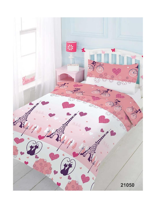My Home Luxury Love Paris Set Kids Duvet Cover Single with Pillowcase Cotton Pink 160x240cm