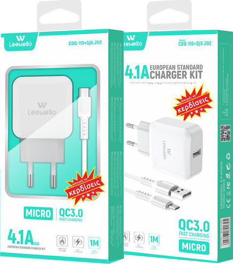 Leewello с USB-A порт и кабел micro USB Quick Charge 3.0 Бял (CDQ-110 + SJX-202)