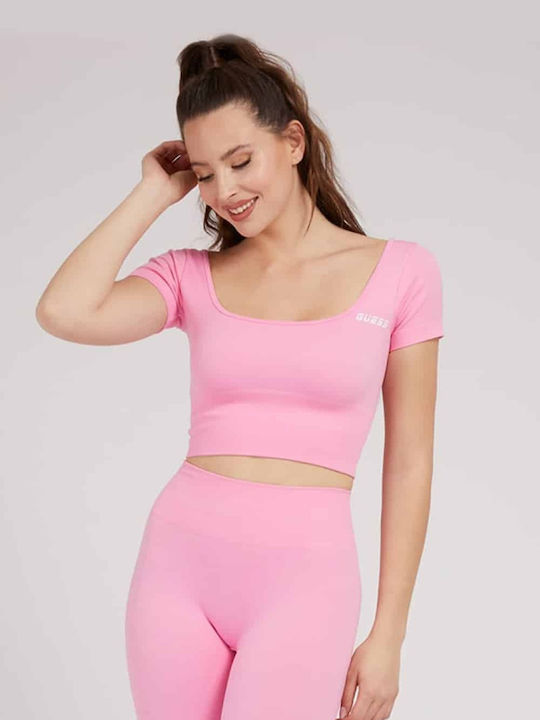 Guess Women's Athletic Crop Top Short Sleeve Pink