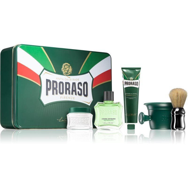 Set - Proraso Classic Full Shaving Metal Box (cr/100ml + sh/cr/150ml +  ash/cr/100ml + brush + glass)