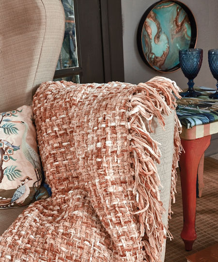 Kentia Nala Four-Seater Sofa Throw Chenille 180x320cm Salmon Pink Ecru